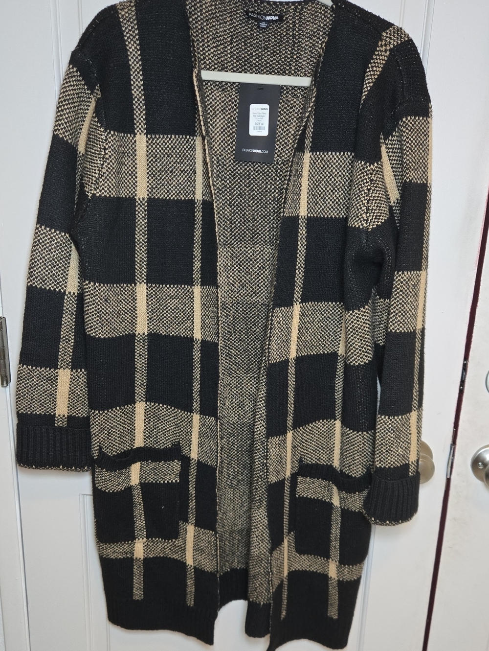 NWT Fashion Nova Black & Beige Plaid Open-Front Cardigan